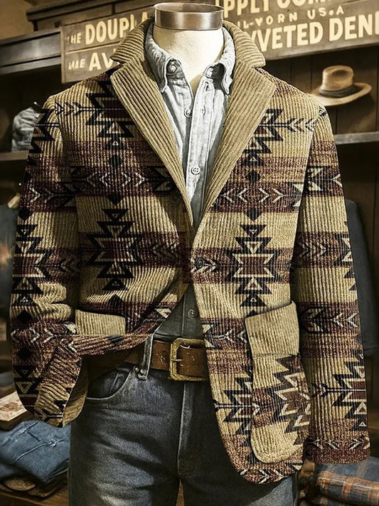 Men's Vintage Western Ethnic Aztec Pattern Corduroy Blazer