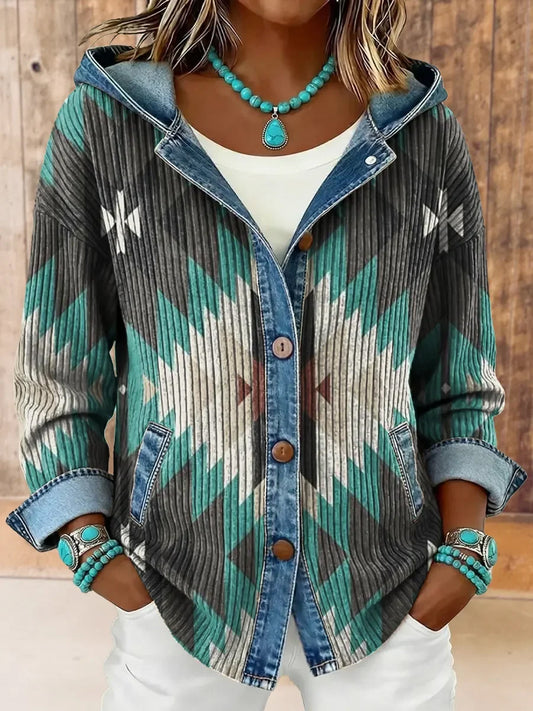 Women's Vintage Western Aztec Print Hooded Patchwork Jacket