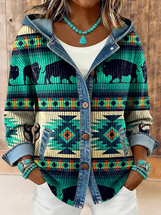 Women's Vintage Western Aztec Print Hooded Patchwork Jacket
