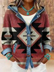 Women's Vintage Western Aztec Print Hooded Patchwork Jacket