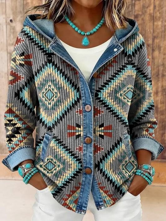 Women's Vintage Western Aztec Print Hooded Patchwork Jacket