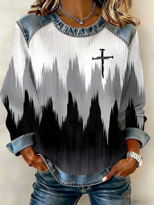 Women's Faith Print Denim Patchwork Top