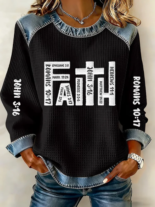 Women's Faith Printed Denim Patchwork Top