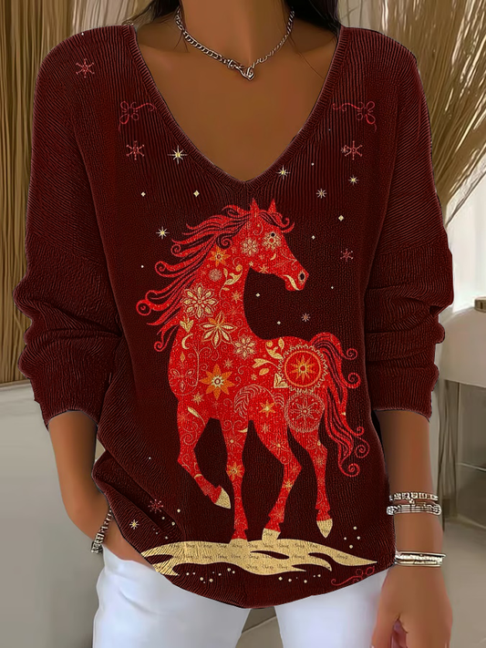 Women's Western Red Horse V-Neck Ribbed Top