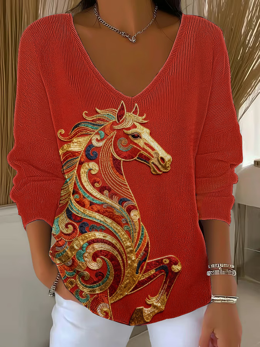 Women's Western Red Horse V-Neck Ribbed Top