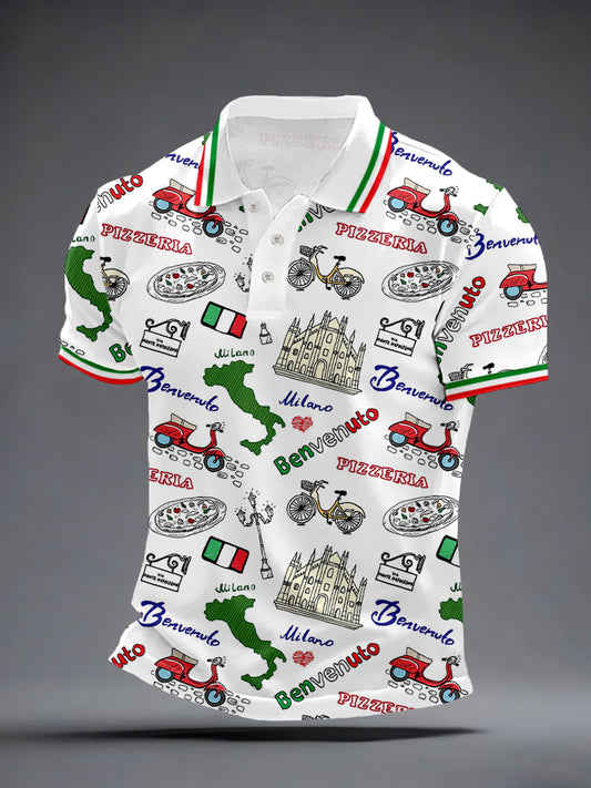 Men's Italian Inspired Art Print Polo Shirt