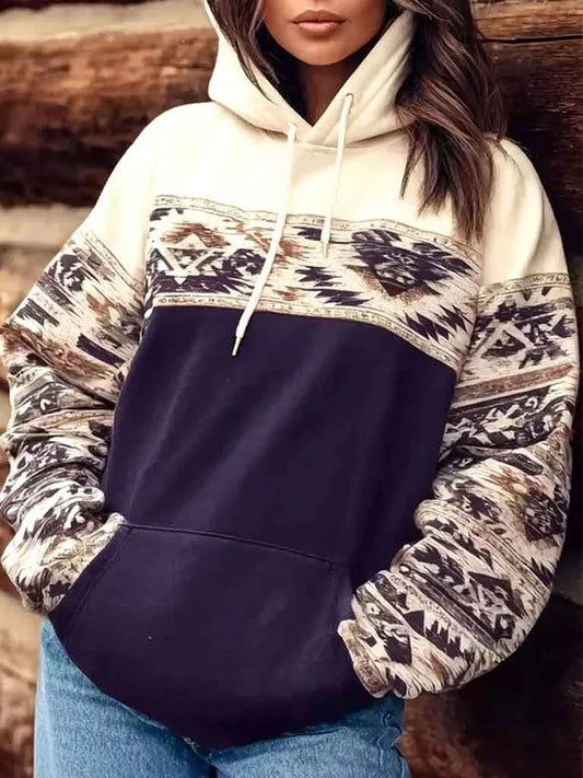Women's Vintage Western Aztec Pattern Pocket Hoodie
