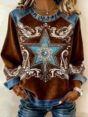 Women's Western Print Denim Patchwork Top