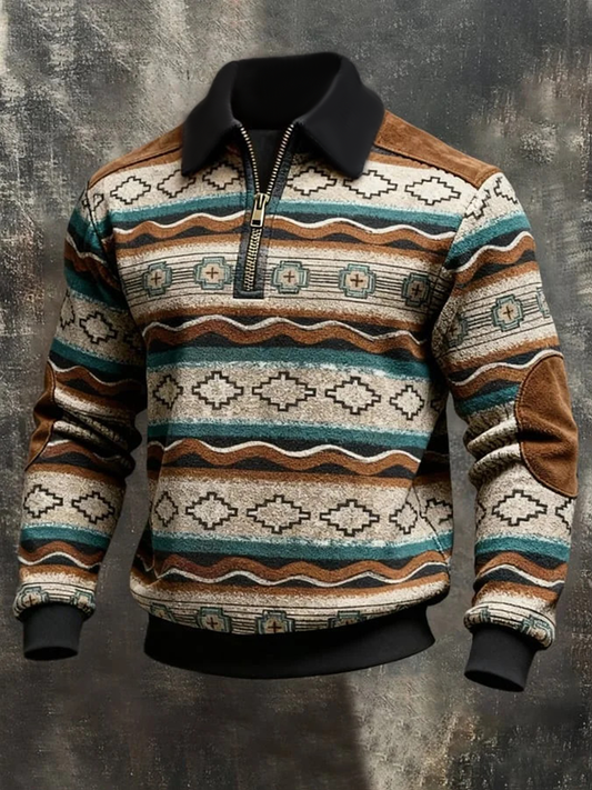 Men's Vintage Western Color Block Print Zip-Up Sweatshirt