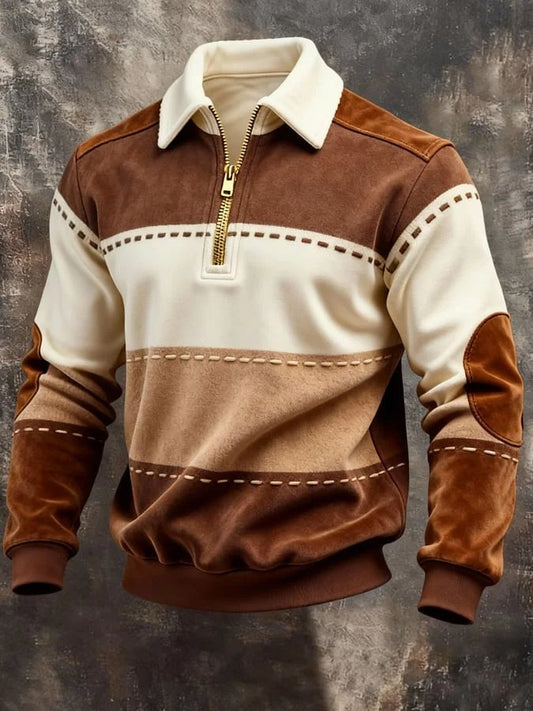 Men's Retro Color Block Print Zip-Up Sweatshirt