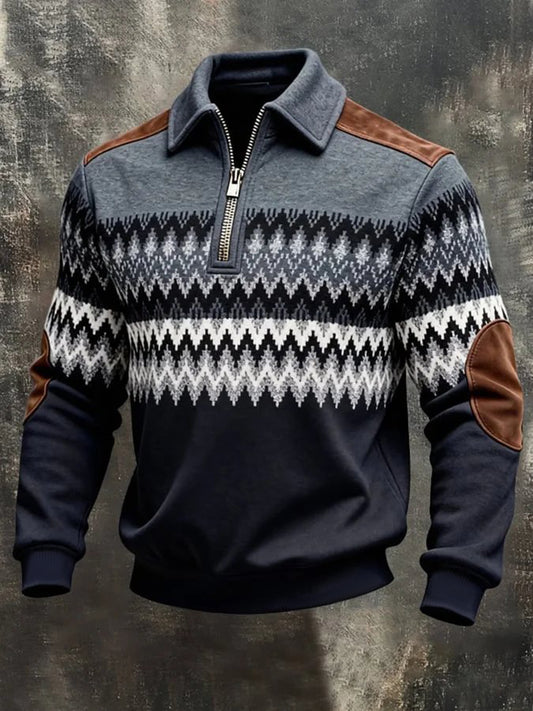 Men's Retro Color Block Print Zip-Up Sweatshirt