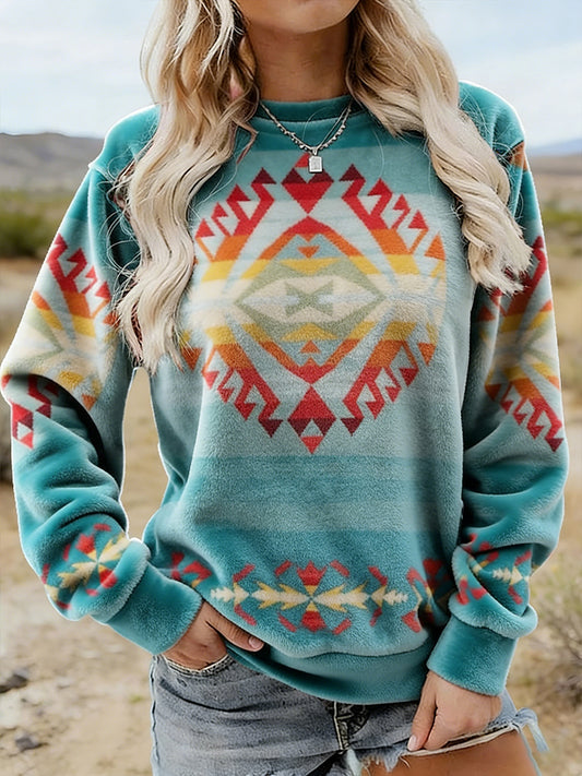 Women's Vintage Western Ethnic Aztec Pattern Casual Flannel Sweatshirt