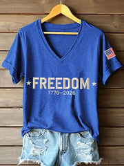 Women's America Freedom 1776–2026 Embroidered Pattern V-Neck T-Shirt
