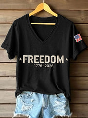 Women's America Freedom 1776–2026 Embroidered Pattern V-Neck T-Shirt