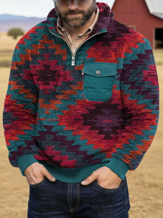 Men's Vintage Aztec Printed Casual Zip-Up Flannel Hoodie