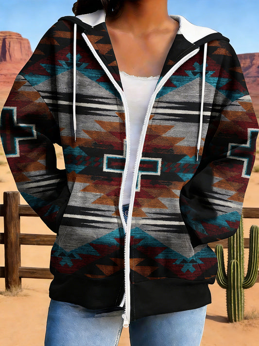 Women's Vintage Aztec Print Casual  Zip-Up Hoodie