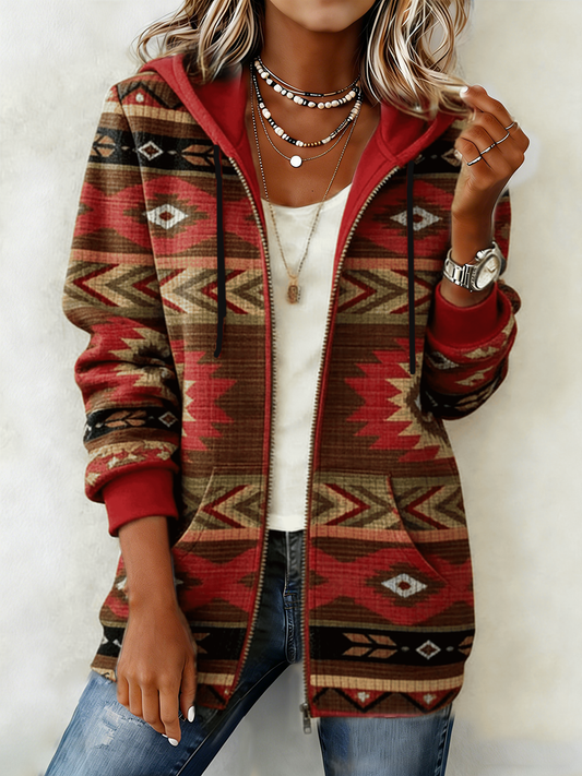 Women's Western Pattern Print Zip-Up Hoodie