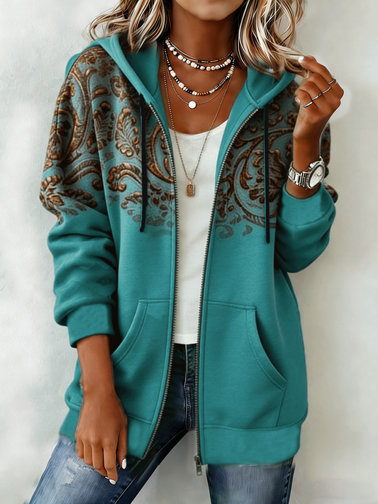 Women's Western Pattern Print Zip-Up Hoodie