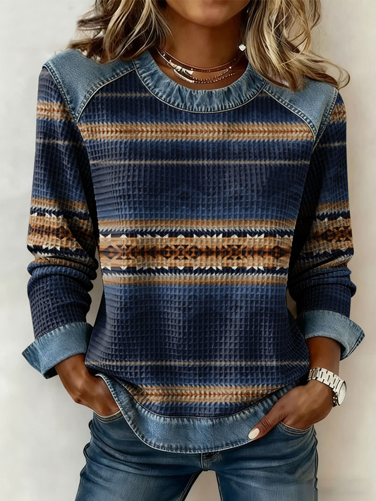 Women's Western Pattern Print Denim Patchwork Top