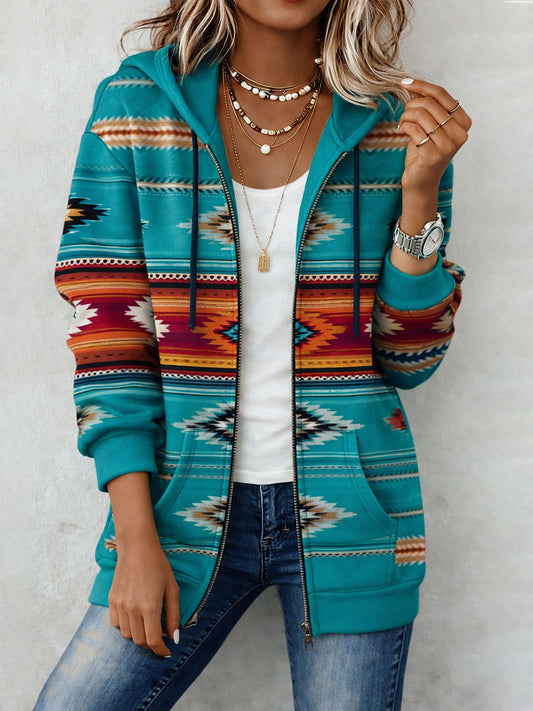 Women's Vintage Aztec Print Casual  Zip-Up Hoodie