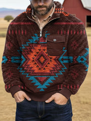 Men's Vintage Aztec Printed Casual Zip-Up Flannel Hoodie