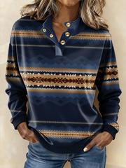 Women's Western Pattern Print Button-up Stand-collar Sweatshirt