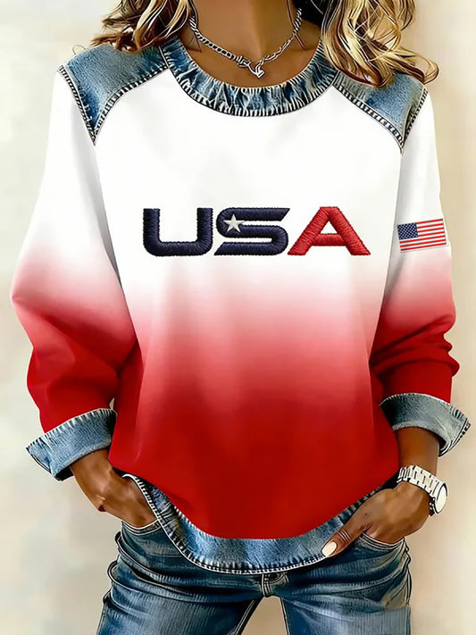 Women's USA Winter Sports 2026 Print Denim Patchwork Top