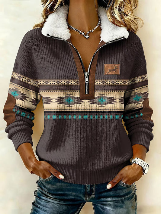 Women'S Vintage Western Aztec Casual Color Block Printed Pullover Sweatshirt