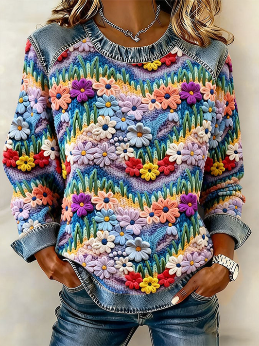 Women's Western Style Floral Denim Patchwork Top