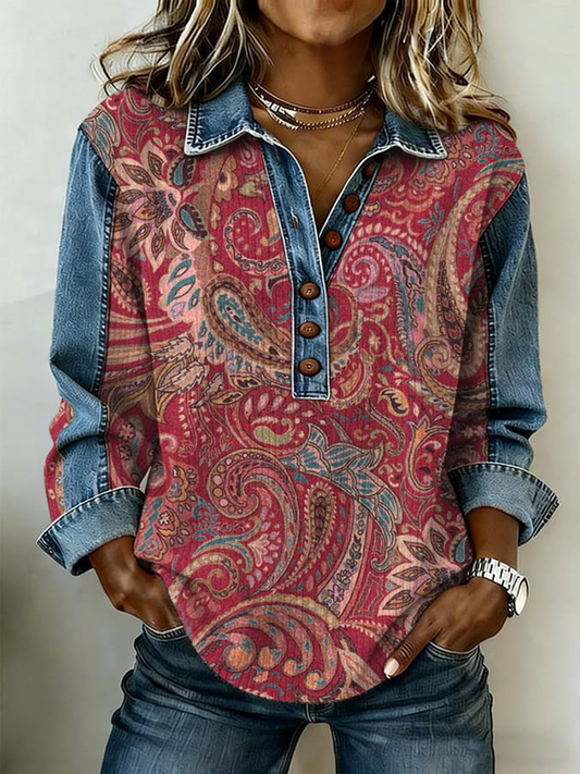 Women's Western Pattern Denim Patchwork Top