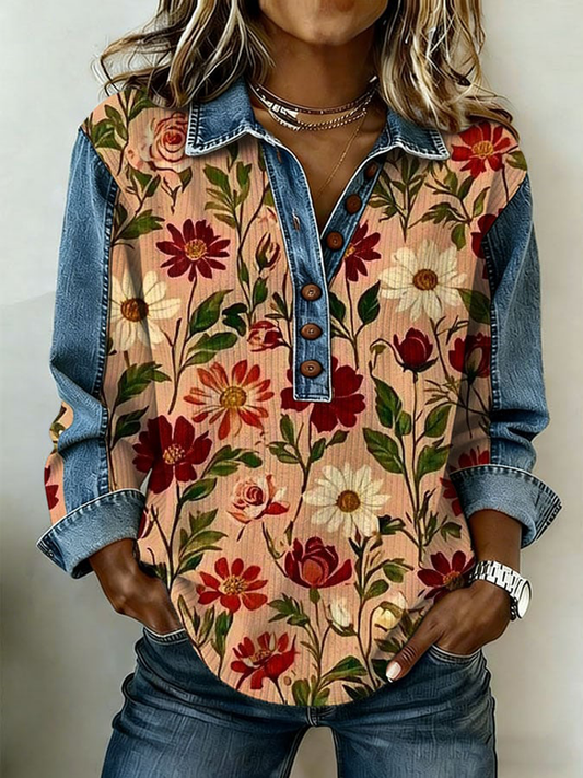 Women's Western Floral Denim Patchwork Top