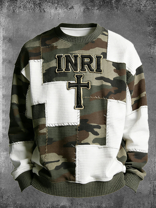 Men's Christian Inri Cross Camouflage Print Casual  Waffle Sweatshirt