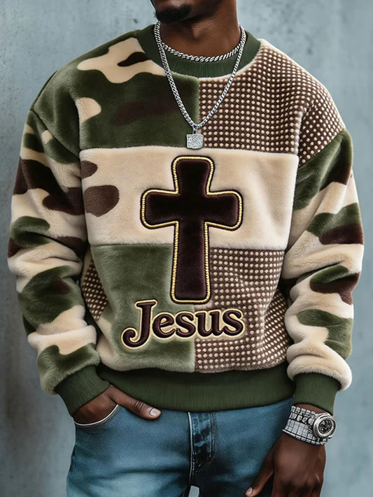 Men's Jesus Camo Patchwork Flannel Crewneck Sweatshirt