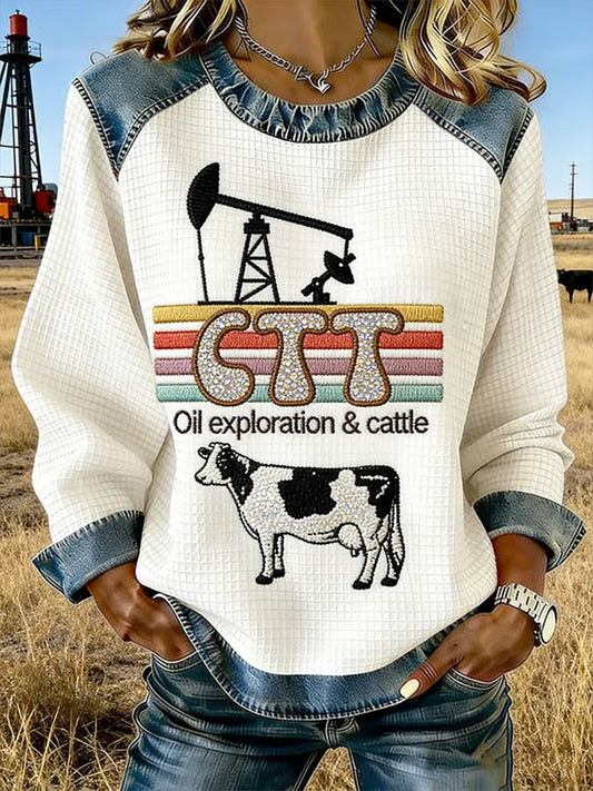 Women's Retro CTT Oil Exploration & Cattle Print Casual Denim Patchwork Sweatshirt