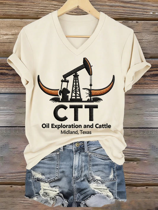 Women's Retro CTT Oil Exploration & Cattle Print Casual V-Neck Tee