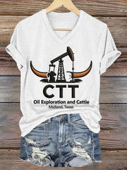 Women's Retro CTT Oil Exploration & Cattle Print Casual V-Neck Tee