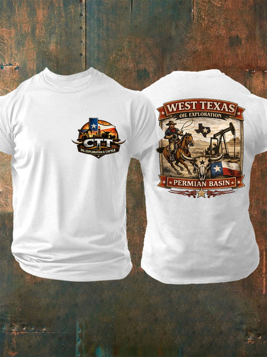 Men's Retro CTT Oil Exploration & Cattle Print Casual Tee