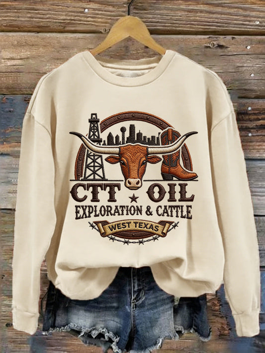 Women's Retro CTT Oil Exploration & Cattle Print Casual Sweatshirt