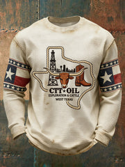 Men's Retro CTT Oil Exploration & Cattle Print Casual Waffle Sweatshirt