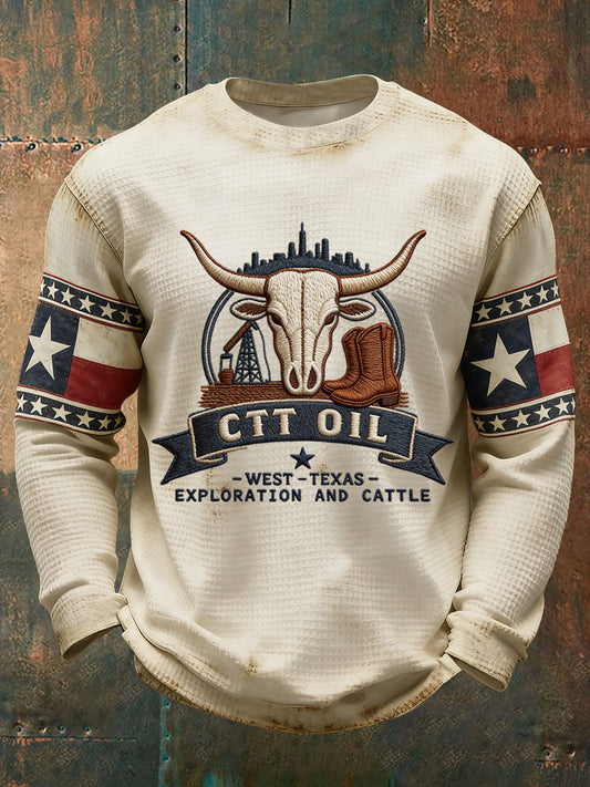 Men's Retro CTT Oil Exploration & Cattle Print Casual Waffle Sweatshirt