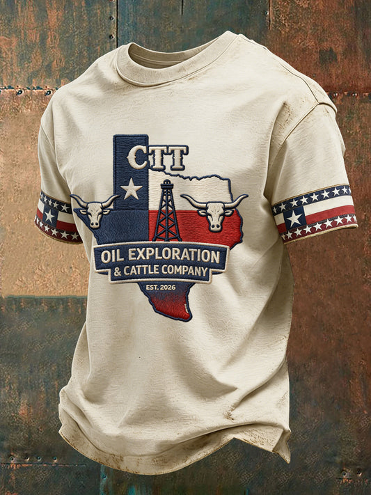Men's Retro CTT Oil Exploration & Cattle Print Casual Tee