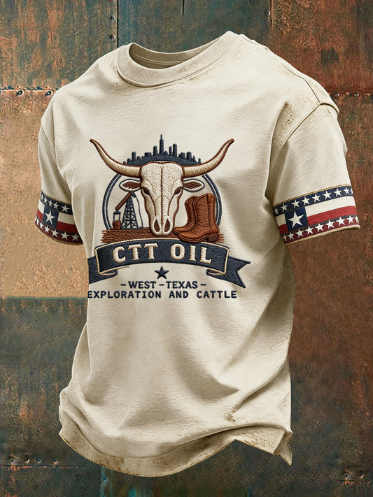 Men's Retro CTT Oil Exploration & Cattle Print Casual Tee