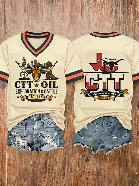 Women's Retro CTT Oil Exploration & Cattle Print Casual V-Neck Tee