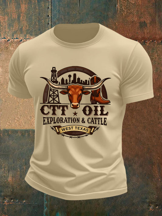 Men's Retro CTT Oil Exploration & Cattle Print Casual Tee