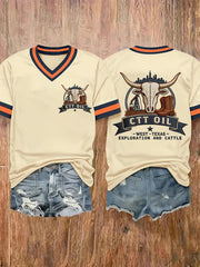 Women's Retro CTT Oil Exploration & Cattle Print Casual V-Neck Tee