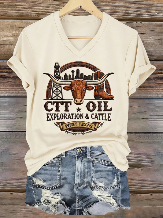 Women's Retro CTT Oil Exploration & Cattle Print Casual V-Neck Tee