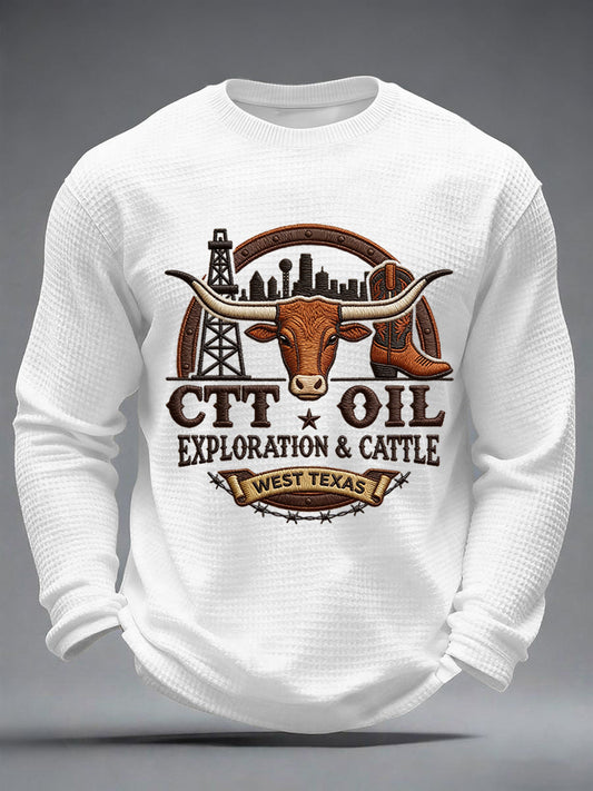 Men's Retro CTT Oil Exploration & Cattle Print Casual Waffle Long Sleeve T-Shirt