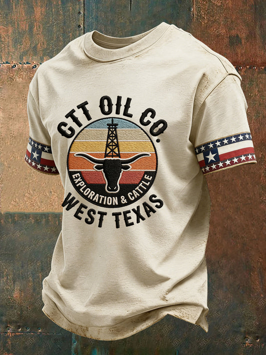 Men's Retro CTT Oil Exploration & Cattle Print Casual Tee