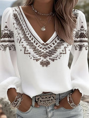 Women's Vintage Western Style V-Neck Long Sleeve Top