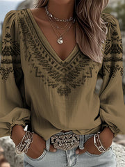 Women's Vintage Western Style V-Neck Long Sleeve Top